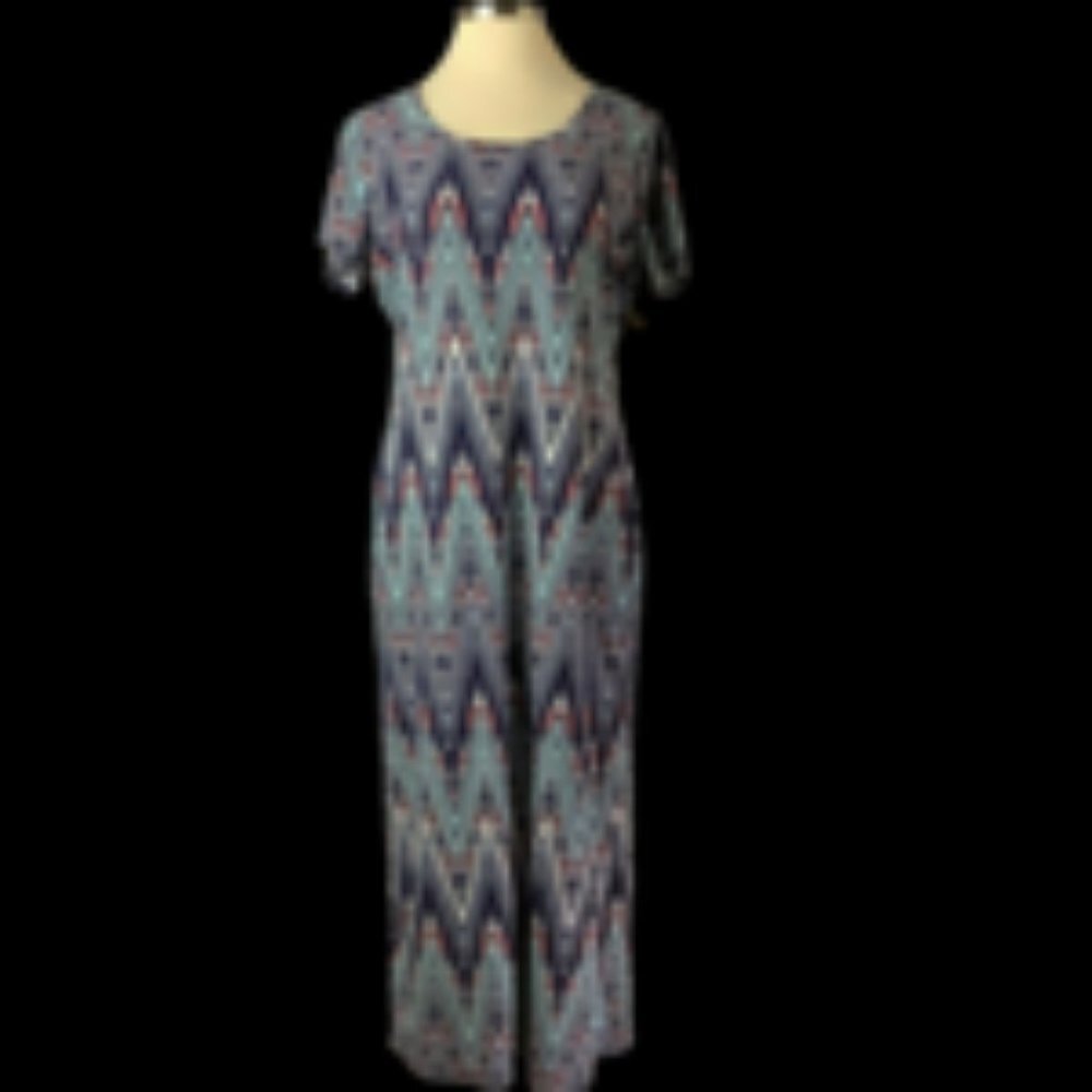 Boho Derek Hart Geometric Maxi Stretch Scoop Neck Short Sleeve Dress Sz. 2X NWT
